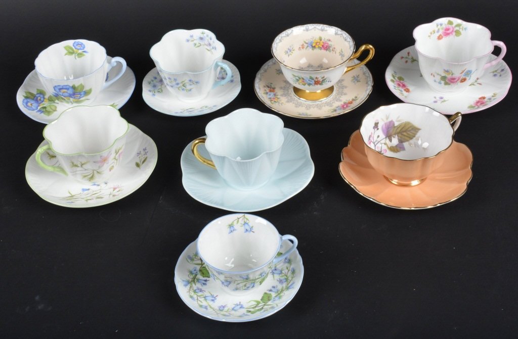 Lot of 8 SHELLY TEA CUPS: Excellent lot of 8 Shelly Fine China of England Tea Cups. All different patterns. Beautiful colors and designs. Some hard to find patterns. No chips. Excellent