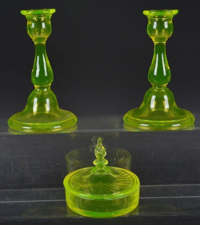VASELINE GLASS CANDLESTICKS & JAR (1 of 3)