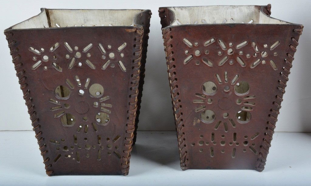 Lot of 2 Vintage TOOLED LEATHER CONTAINERS (1 of 3)