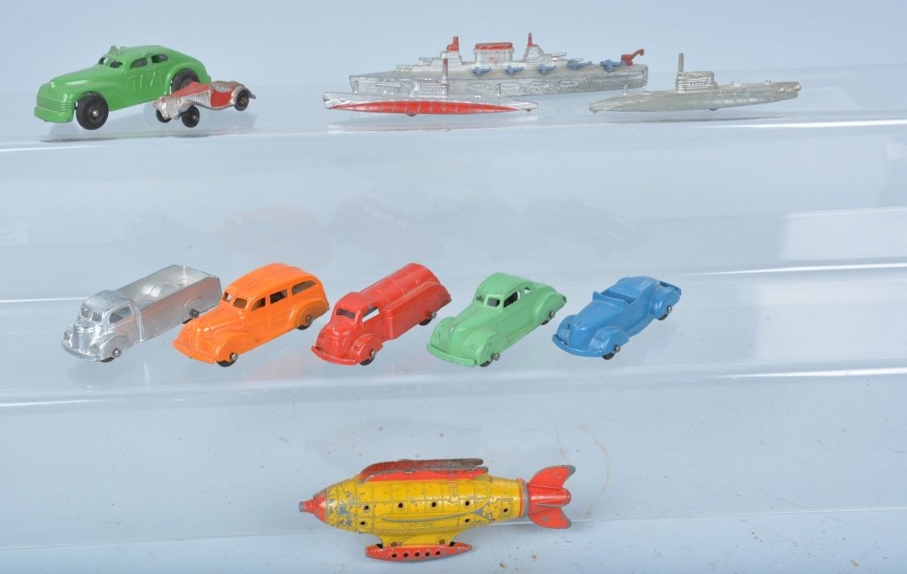 10- TOOTSIE TOYS w/ Venus Destroyer & More: Nice lot of early Tootsie Toys includes Buck Rogers Venus Duo-Destroyer, Submarine, Aircraft Carrier, and various vehicles. All original. Largest 6". Good-Excellent