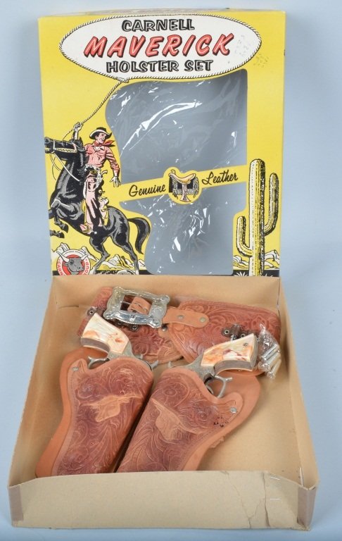 CARNELL MAVERICK 2- GUN HOLSTER SET w/ BOX: Excellent 2 gun Maverick Holster Set by Carnell. Set is never used in original box. Nice guns with great details. With nice tooled leather holster. With original box. Near Mint