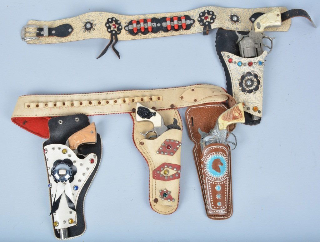 Lot of 4 CAP GUNS with HOLSTERS: Nice lot includes Bucking Broncho with leather holster, Wild Bill Hickok with leather holster, Kilgore Mustand with leather holster, and Leslie Henry Wild Bill Hickok with leather holster. All origina