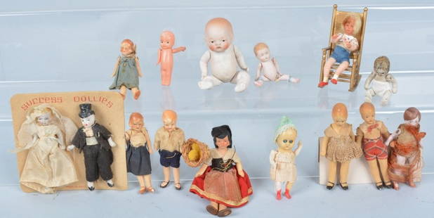 Lot of 15 Miniature Dolls, Vintage: Lot includes several doll house dolls, 2 bisque baby dolls, a celluloid Kewpie and more. Largest is 3 1/2". Conditions vary. Good-Excellent