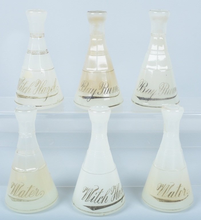 Lot of 6 BARBER BOTTLES: Lot includes 2 Full sets of Bottles that include Witch Hazel, Bay Run, and Water. Nice colors and script on the bottles. 7" Excellent