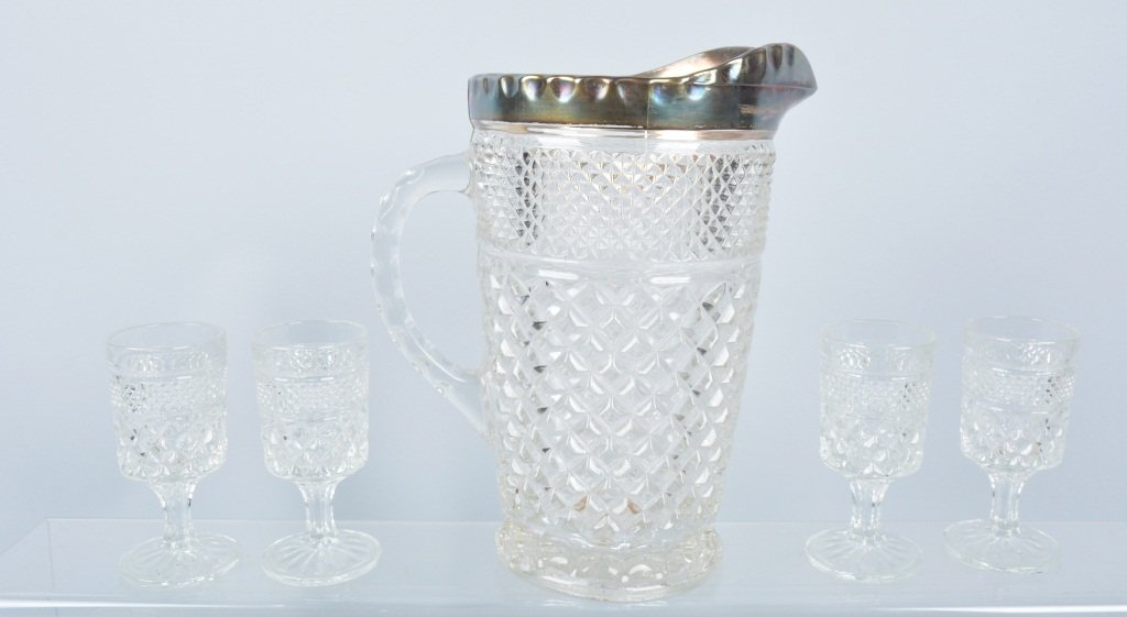 Early PRESSED GLASS PITCHER & 10 GOBLETS (1 of 2)