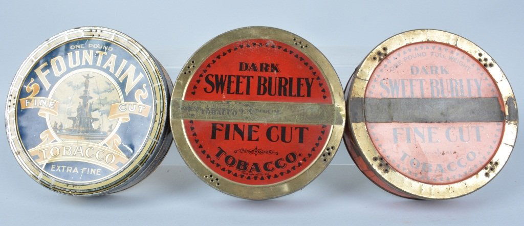 Lot of 3 Round TOBACCO TINS: Includes Fountain Tobacco and 2 Dark Sweet Burley Tobacco Tins. Very Good-Excellent