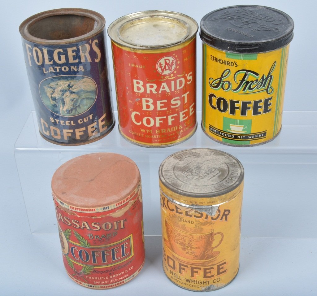 Lot of 5 Vintage COFFEE TINS (1 of 5)