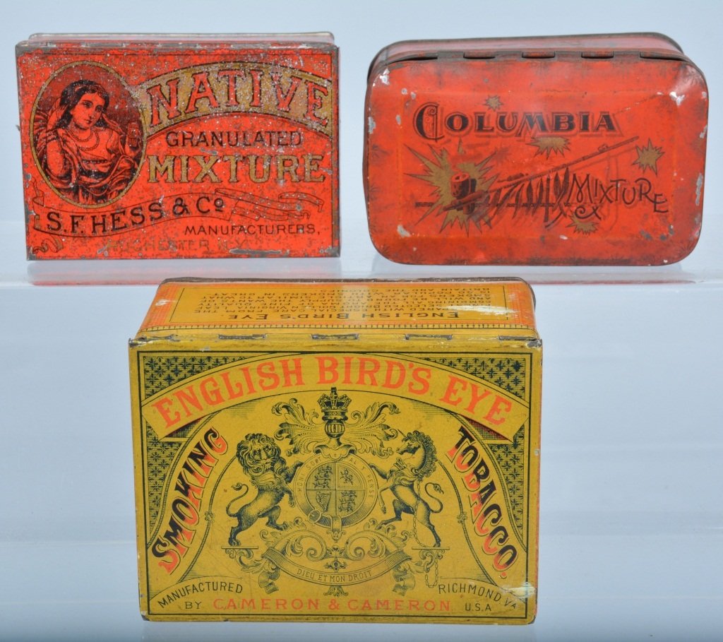 Lot of 3 Small TOBACCO TINS: Includes English Bird's Eye, Native Mixture, and Columbia Mixture. All with nice colors and graphics. Excellent