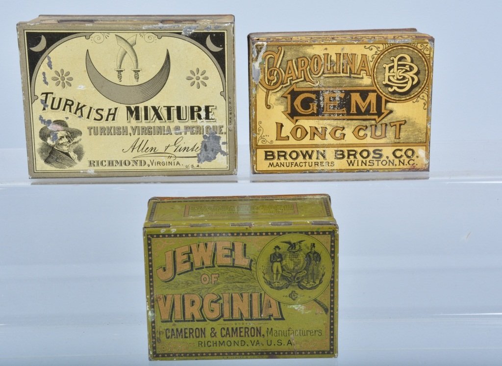 Lot of 3 Small TOBACCO TINS: Includes Turkish Mixture, Jewel of Virginia, and Carolina Gem. All with nice colors. Excellent