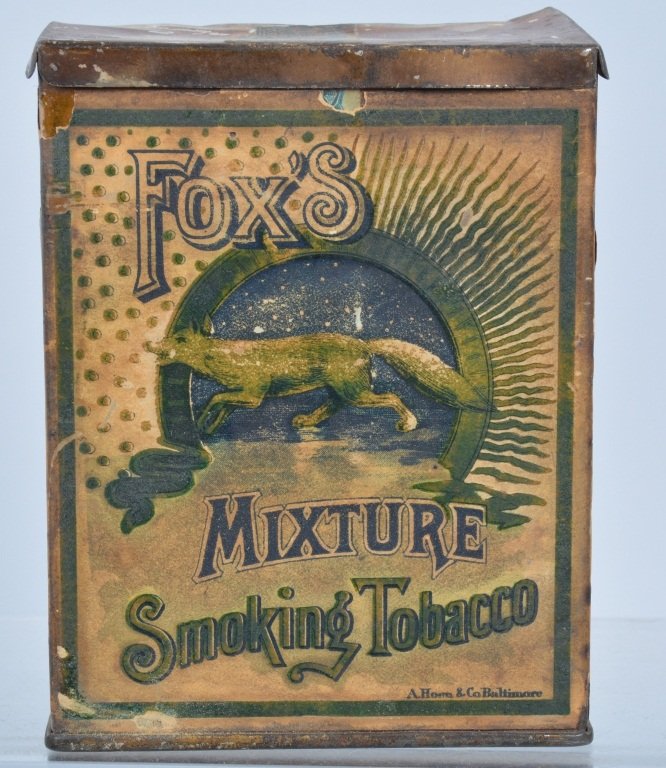 Small FOX'S MIXTURE PAPER LABLE TOBACCO TIN: Nice early paper label tin. Nice graphics. Very Good