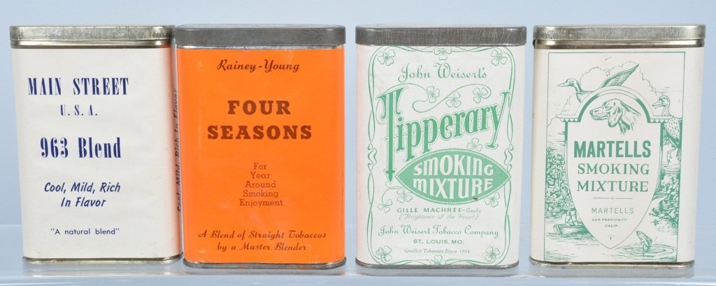 Lot of 4 PAPER LABLE POCKET TOBACCO TINS: Includes Tipperary, Four Seasons, Main Street USA, and Martell's Smoking Mixture. Excellent