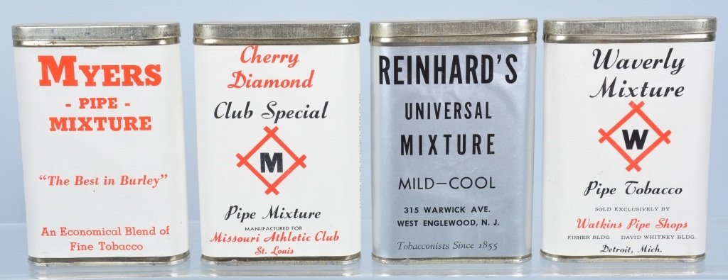 Lot of 4 PAPER LABLE POCKET TOBACCO TINS: Includes Myers, Reinhards, Cherry Diamond, and Waverly Mixture. Excellent