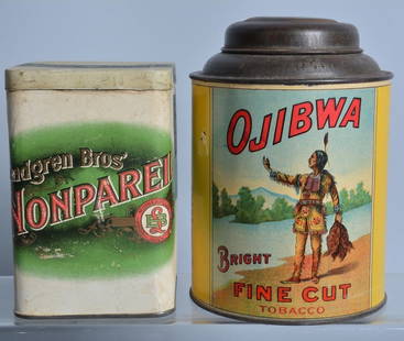 Lot of 2 Vintagw TOBACCO TINS: Includes paper label Ojibwa and Lundgren Bros Nonpareil Cigars. Excellent colors and graphics. Excellent