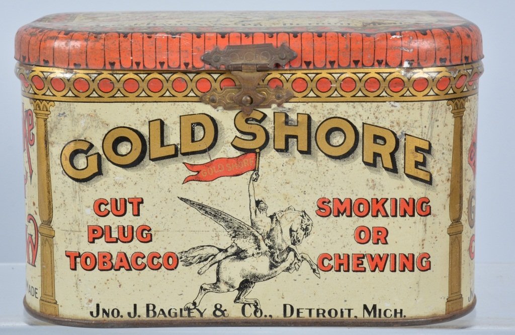 GOLD SHORE TOBACCO TIN: Nice looking tin with nice colors and graphics. Very Good-Excellent