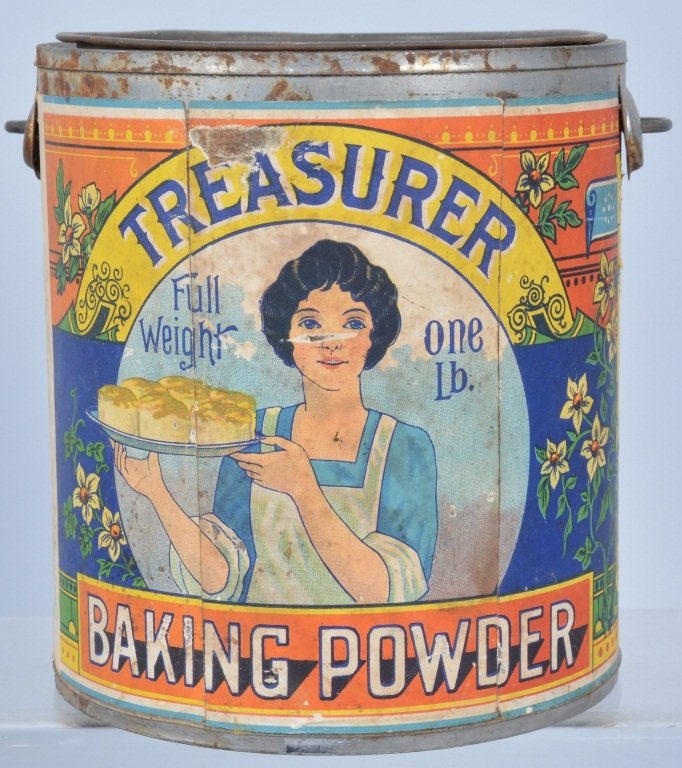 TREASURE BAKING POWDER 1 Lb PAPER LABLE TIN (1 of 2)