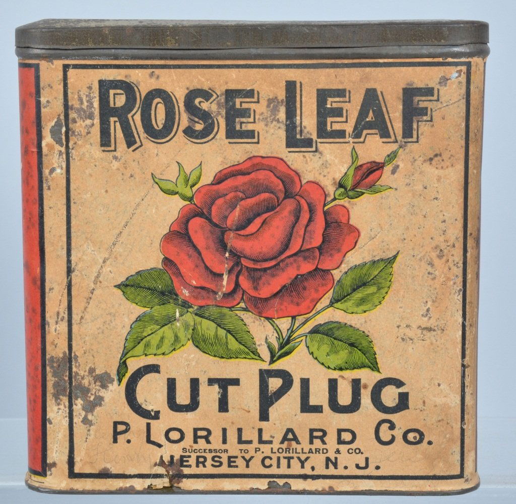 ROSE LEAF CUT PLUG PAPER LABEL TOBACCO TIN: Nice early paper label tin. Nice colors and rose graphics. Very Good