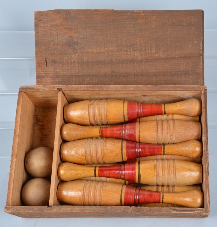19th Century Parlor Bowling Set in Wood Box: Very nice set in the original 12" by 8" original box. Excellent