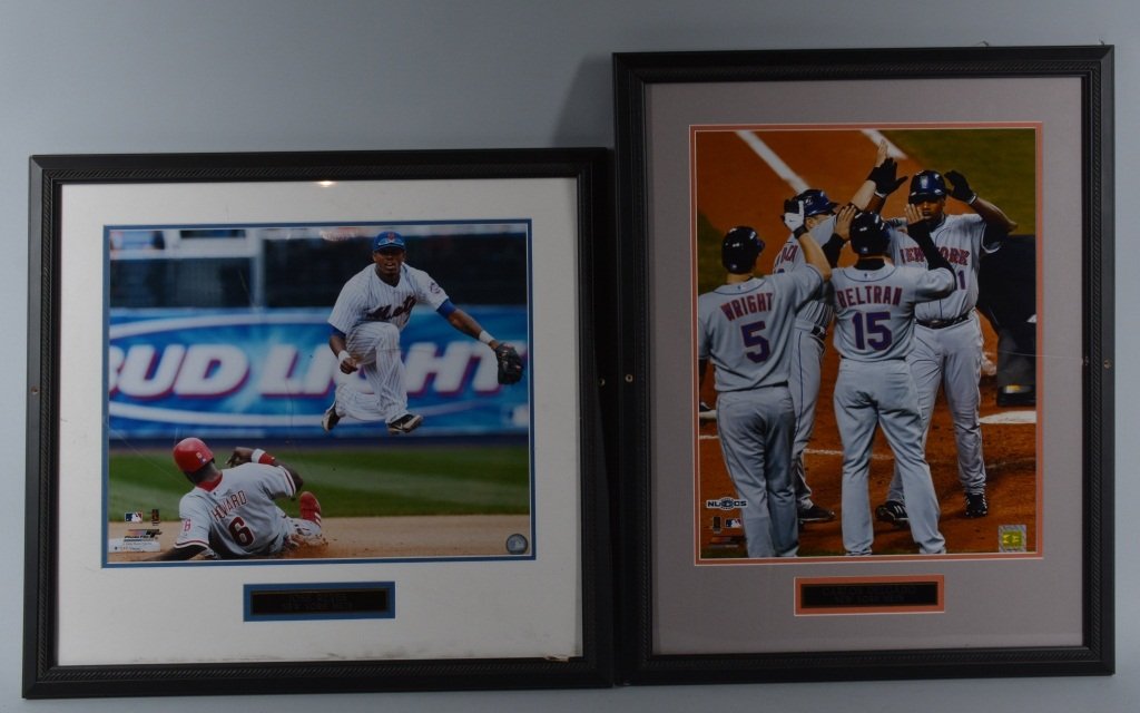 Lot of 2 New York Mets Framed Photos: Nice pair of large photos featuring Jose Reyes, and Carlos Delgado. Largest frame measures about 27" by 25". Very Good-Excellent