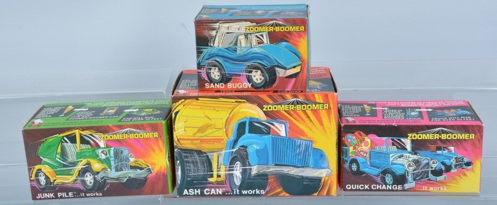 Lot of 4 Topper Zoomer Boomer Cars MIB: Great grouping of old store stock cars, all in the original boxes. MInt