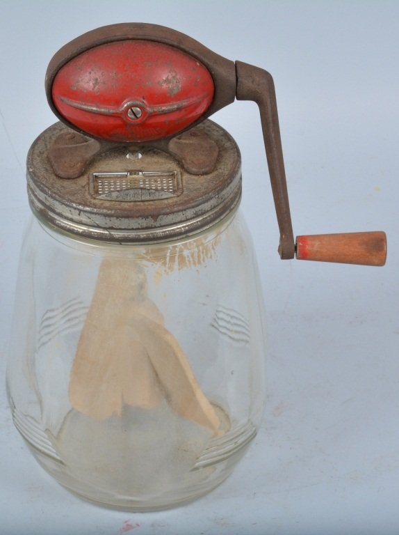 Vintage Butter Churn: Measures about 13" high, and appears complete. In working condition. Very Good