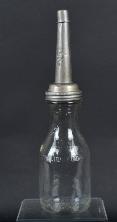 DURAGLASS MOTOR OIL BOTTLE w/ MOORE & KLING SPOUT: All original with spout and cap. No cracks. 15" Excellent