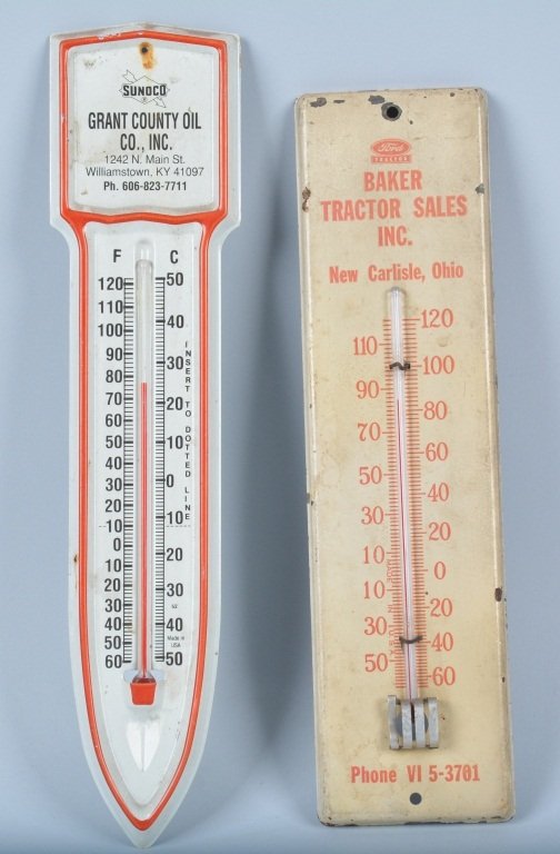 Lot of 2 FORD & SUNOCO THERMOMETERS: Lot includes Baker Ford Tractor sales and Grant County Oil Sunoco. Both all original with nice colors. Largest 13" 8.5-9