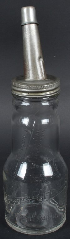 MARQUETTE MFG CO. OIL BOTTLE & SPOUT: Nice glass oil bottle. Has spout and cap. Made in Saint Paul Minnesota. No cracks. 13" tall. Excellent