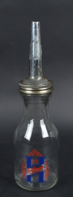 DURAGLAS OIL BOTTLE w/ HUFFMAN MFG. CO. LOGO: Nice Duraglas glass oil bottle with spout. Has blue and red Huffman Mfg. Co. of Dayton Oil logo on the bottle. No cracks. 14" Excellent