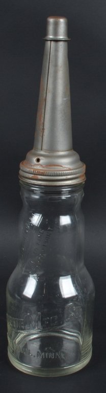 MARQUETTE MFG. CO. GLASS OIL BOTTLE w/ SPOUT: Nice vintage glass oil bottle. Nice embossed logo. With Moore & Klinger spout and cap. 15" Excellent
