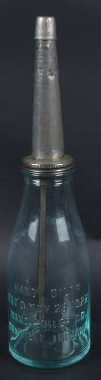 HANDY OILER GLASS OIL BOTTLE DATED 1922: Nice Handy Oiler dated 1922 made in Danville, Indiana. No cracks. Has spout and cap. 15" Excellent