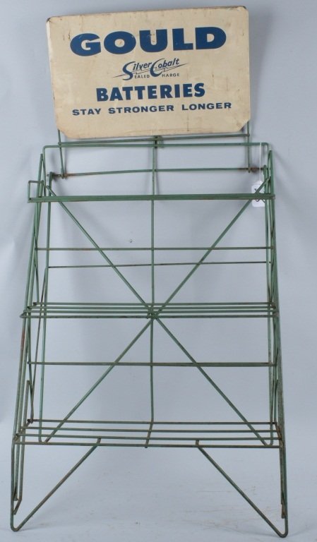 GOULD BATTERIES DISPLY RACK w/ TIN SIGN (1 of 2)