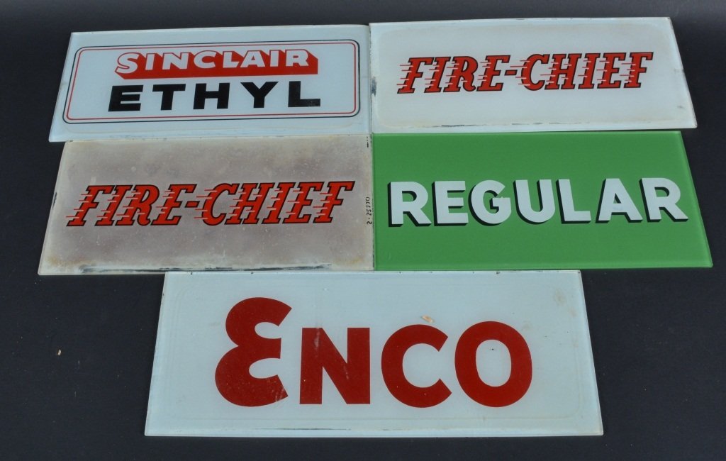 Lot of 5 GLASS GAS PUMP SIGNS: Includes Sinclair, Regular, Fire-Chief, Fire Chief, and Enco. 12 1/2" x 5" Excellent