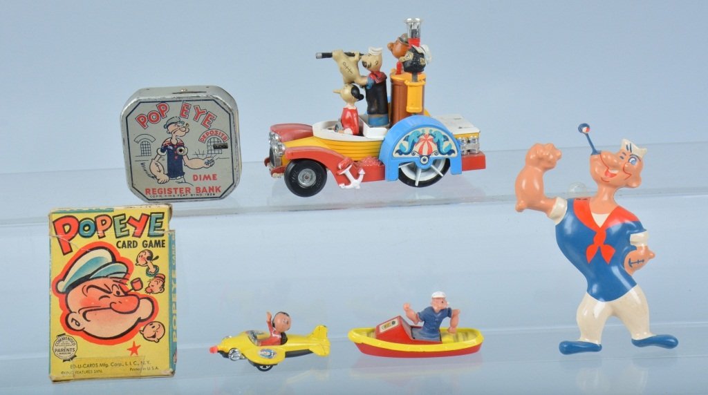 Lot of POPEYE TOYS: Includes Dime bank, Corgi Vehicles, Playing Cards, and More. Very Good-Excellent