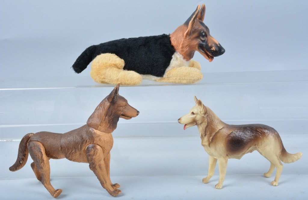 Lot of 3 RIN TIN TIN TOYS: Hartland Rin Tin Tin, Reliable Rin Tin Tin plush toy, and plastic jointed Rin Tin Tin. Excellent