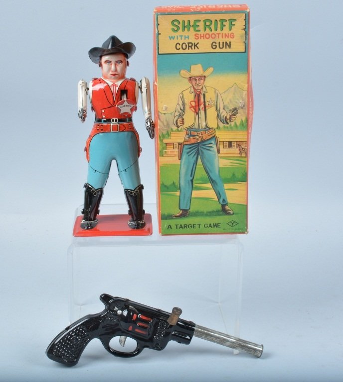 SHERIFF WITH SHOOTING CORK GUN TARGET GAME w/BOX: Very unusual tin Sheriff target with tin cork gun. Works. 8" with Box. Excellent