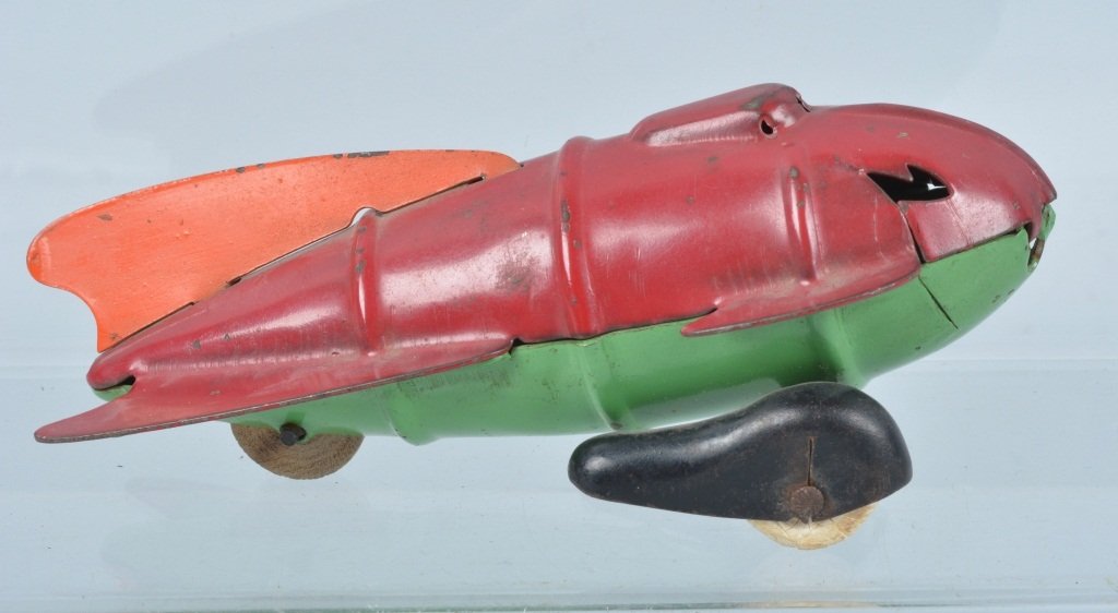 WYANDOTTE Pressed Steel SPACE ROCKET: Nice all original with great paint. 6 1/2" Excellent