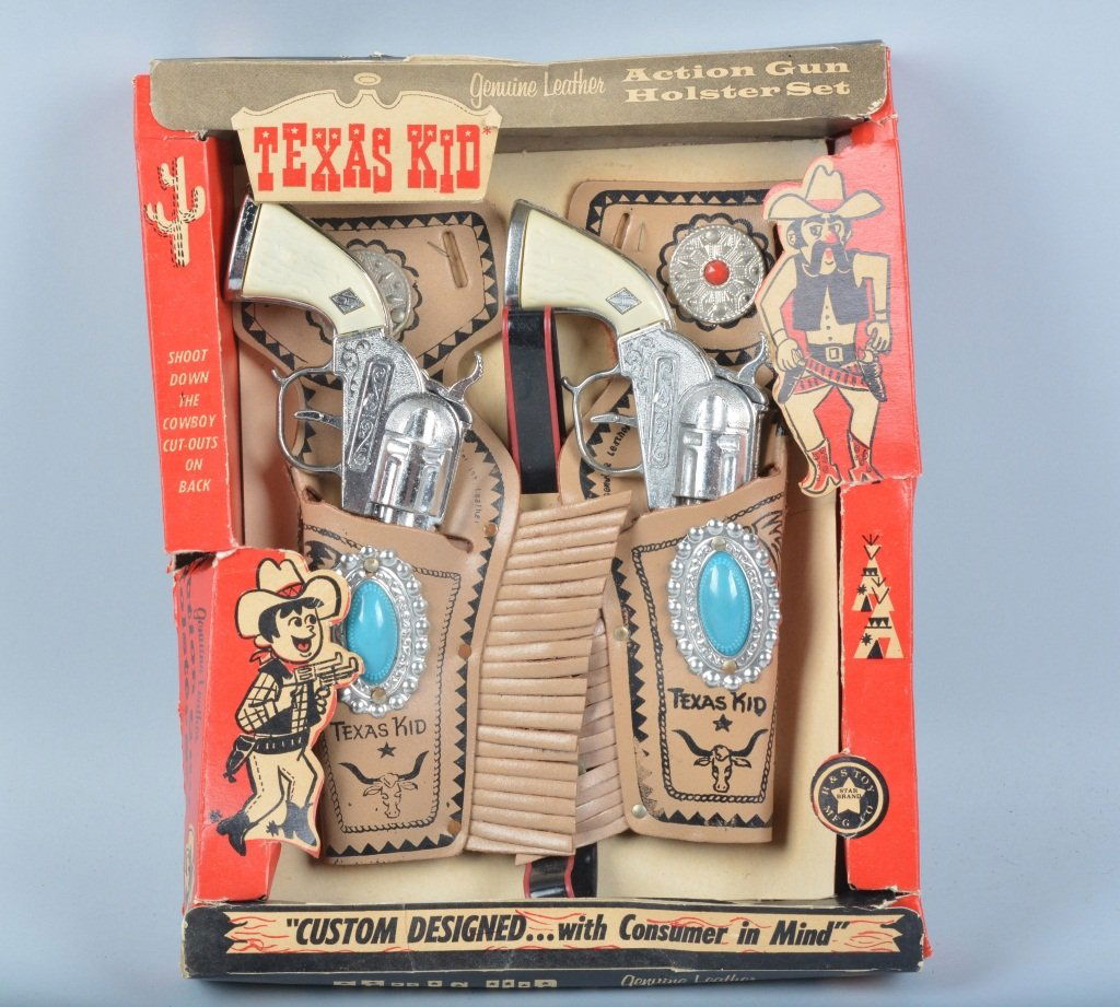 TEXAS KID CAP GUN & HOLSTER SET w/ BOX: Nice set of Hubley Cap Guns in fancy Texas Kid leather holsters. With box. Excellent