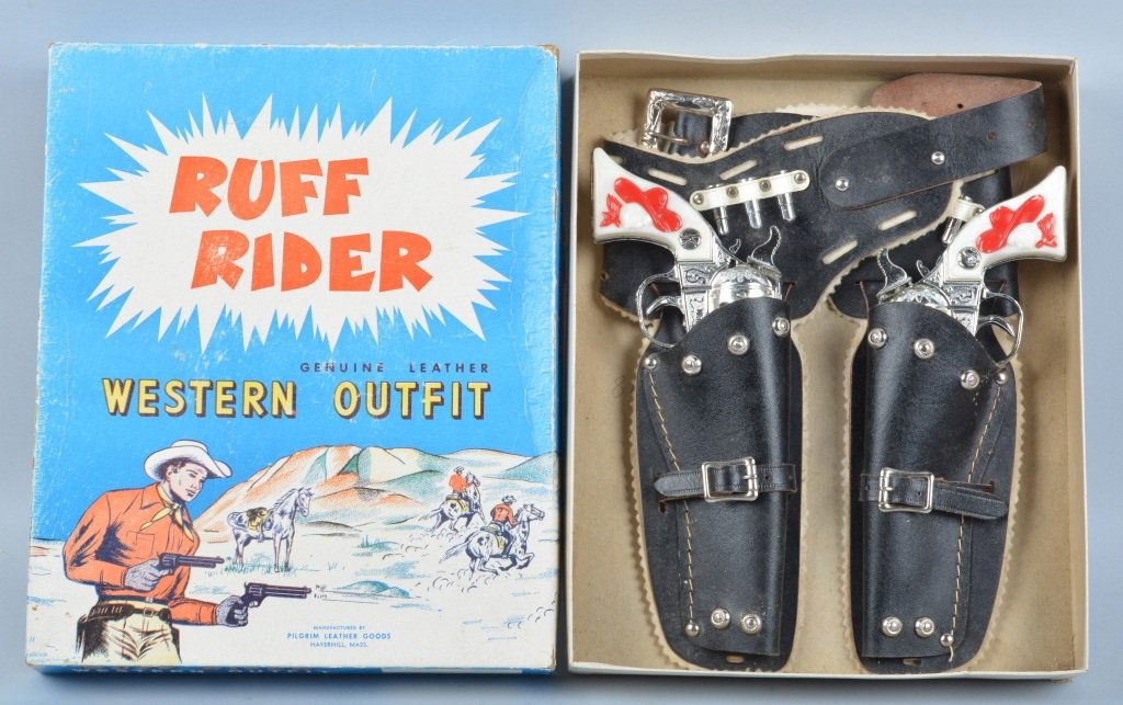 RUFF RIDER CAP GUN & HOLSTER SET w/ BOX: Nice set includes Kilgore Ranger Cap Guns with Leather Holsters. With Box. Excellent