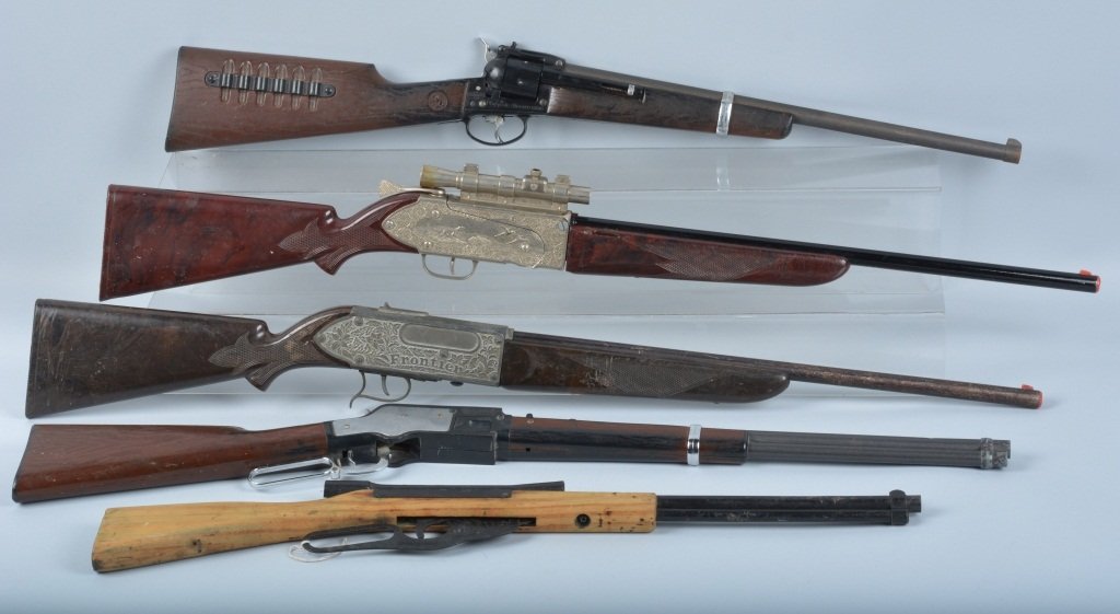 Lot of 5 TOY RIFLES: Includesd Hubley Frontier, Hubley Sportsman, Mattel Colt 6 Shooter Rifle, Mattel Winchester, and Wooden Rifle. All original. Largest measures 36" Very Good