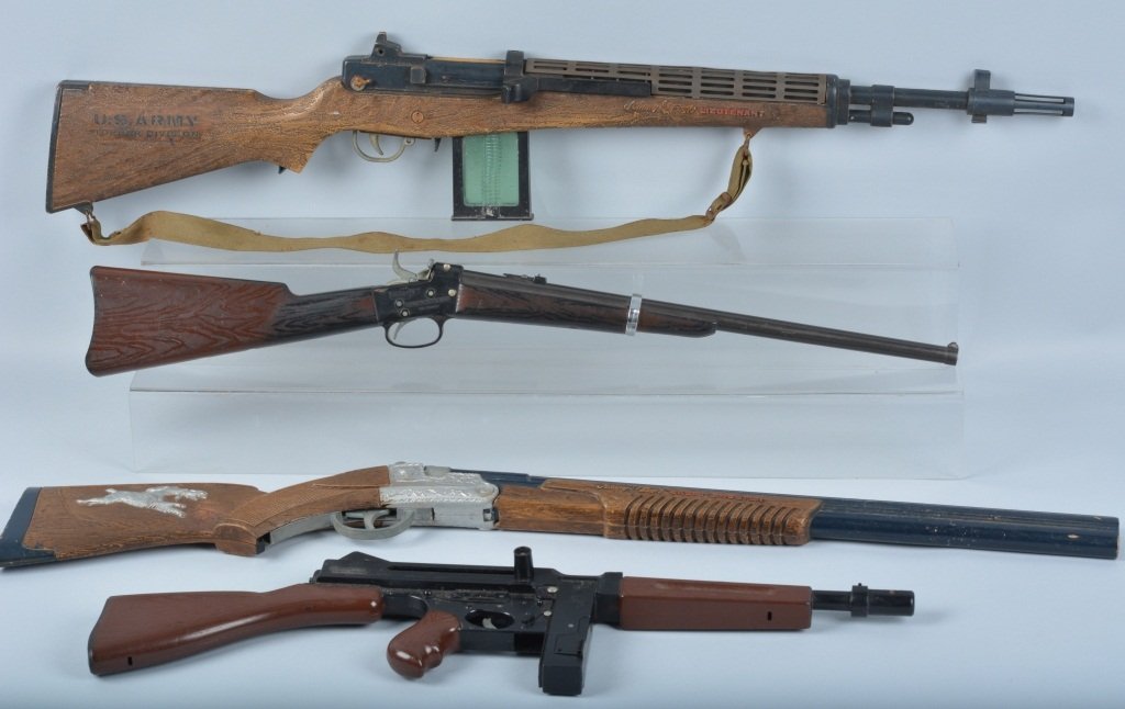Lot of 4 TOY RIFLES & SHOT GUN: Includes Johnny Eagle Skeet Shooter, Johnny Eagle Lieutenant, Mattel Tommy-Burst, and Mattel Rolling Block Rifle. All original. largest measures 36" Very Good
