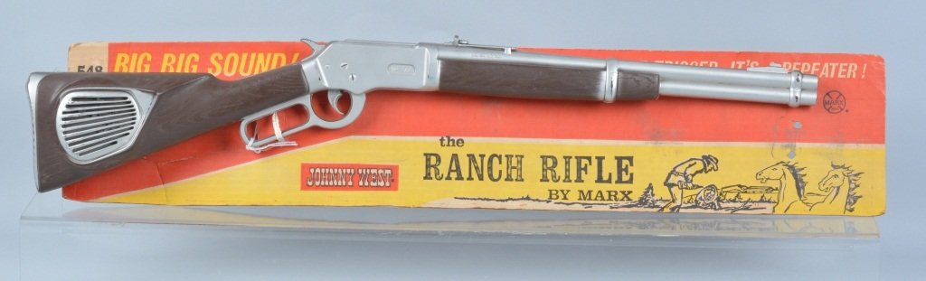 MARX JOHNNY WEST RANGER RIFLE MOC: Nice Marx Johnny West Rifle. All original on the Card. 26" Excellent