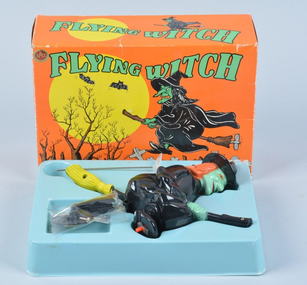 Battery Op FLYING WITCH w/ BOX: Unique battery op with that will fly. With Box. 9" Excellent