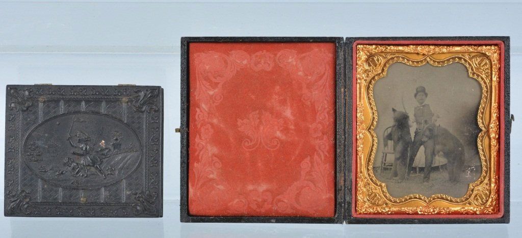 1/6 Plate Tintype Animal Trainer & Bears: Rare 19th century subject matter of a Circus animal trainer and 2 bears. Minor loss to lower right of bear doesn't affect image. Case and brass frame are nice, and there is an old repair at spine. Als