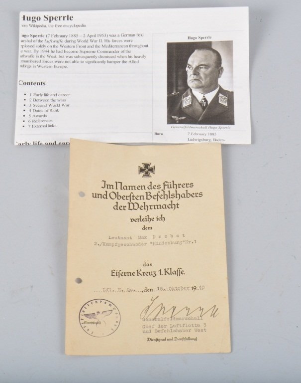 1940 Order Generalfeldmarschall Hugo Sperrle: Order measures 7 1/2" by 5 1/2" signed by Marshal Hugo Sperrle. Sperrle was supreme commander of the Luftwaffe in the west by 1944, and was subsequently dismissed for performance. Has corner creases.