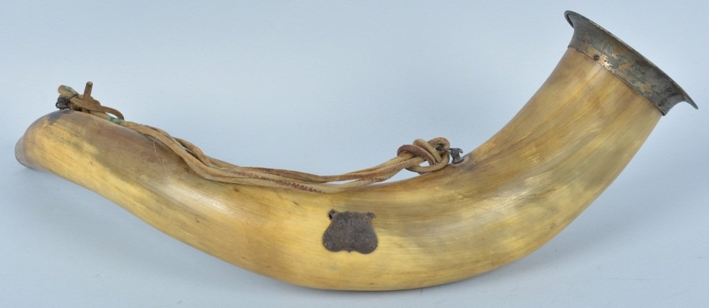 Vintage Hunting Horn: Measures about 18" and has brass embellishments. The brass tag is engraved AOH, D.W. Harrison, 5552. Missing the mouth piece and has chipping to the horn on the inside at rim. Very Good