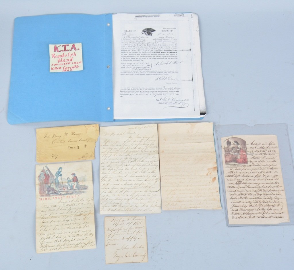 Civil War Letter Archive of Randolph Hand, KIA: Lot includes letters from Hand to his parents, as well as a letter dated October 13, 1862 from John Walsh Light Co. F, 2nd US Artillery to Hands parents informing them of his death. The letter states: