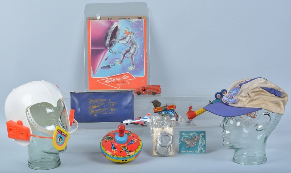 Lot of VINTAGE SPACE TOY: Include Flash Gordon Helmet, Tom Corbett Hat, Daisy Zooka Pistol, Space Top, and More. Very Good-Excellent