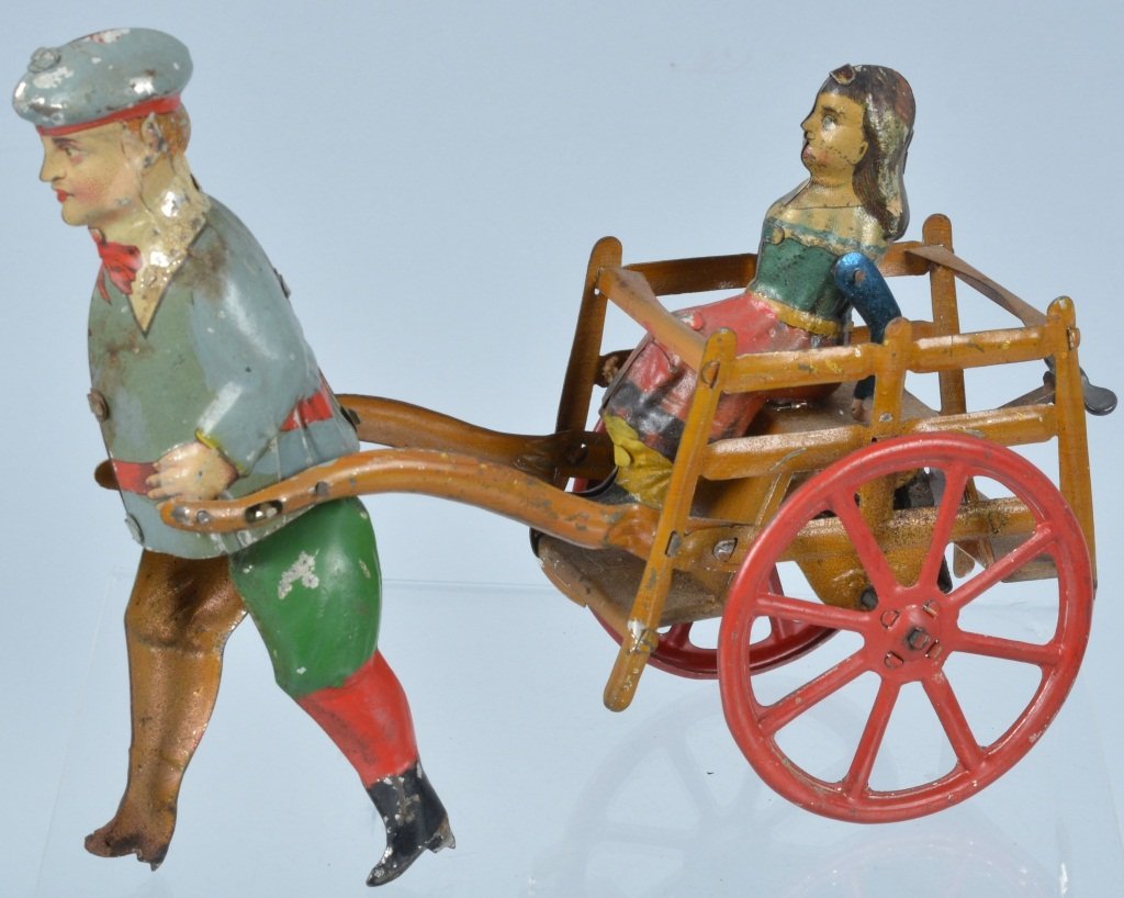 ISSAMEYER Tin Windup BOY PULLING GIRL IN CART (1 of 6)