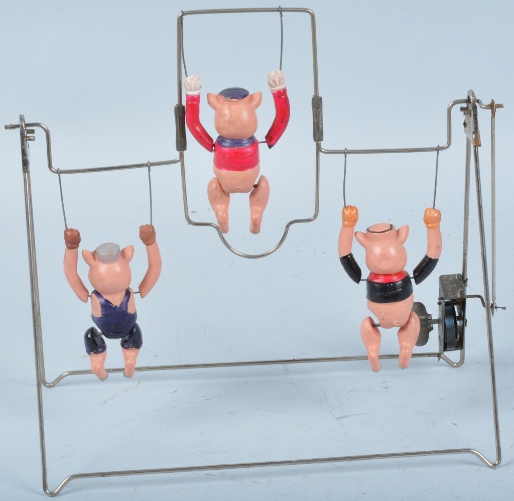 JAPAN Celluloid Windup 3 LITTLE PIGS TRAPEZE (1 of 4)