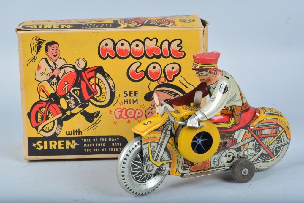 MARX Tin Windup ROOKIE COP MOTORCYCLE w/ BOX (1 of 5)